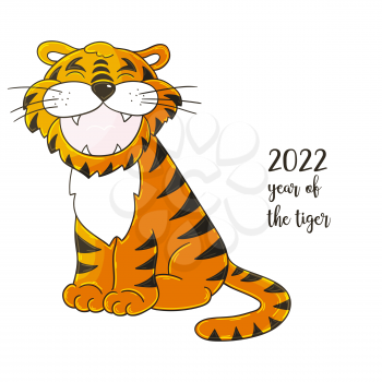 Symbol of 2022. Illustration with tiger in hand draw style. New Year 2022. Tiger sitting. Cartoon animal for cards, calendars, posters, flyers