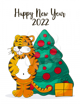 Symbol of 2022. New Year card in hand draw style. Christmas tree, gifts, tiger. New year 2022. Cartoon illustration for postcards, calendars