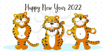 Symbol of 2022. New Year vector greeting card in hand draw style. New Year. Three tigers. Cartoon illustration for postcards, calendars