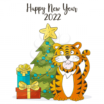 Symbol of 2022. Square New Year card in hand draw style. Christmas tree, gifts, tiger. Year of the tiger 2022. Cartoon illustration for cards, calendars