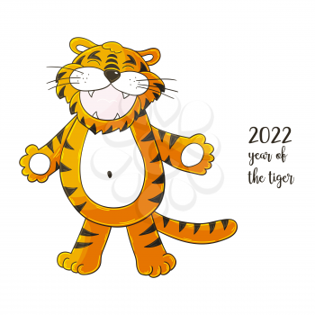 Symbol of 2022. Vector illustration with tiger in hand draw style. New Year 2022. Friendly tiger, hugs. Cartoon animal for cards, calendars, posters, flyers