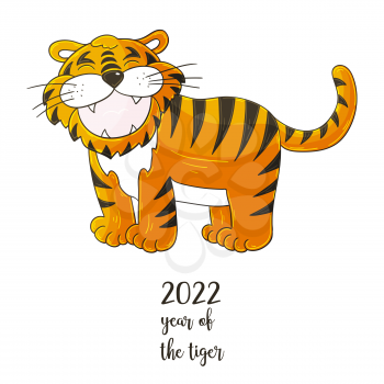 Symbol of 2022. Vector illustration with tiger in hand draw style. New Year 2022. The tiger is standing. Cartoon animal for cards, calendars