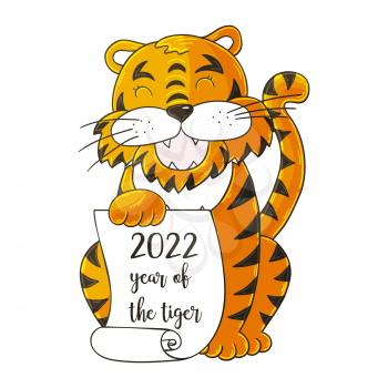 Symbol of 2022. Vector illustration with tiger in hand draw style. New Year 2022. The tiger sits and holds a scroll. Cartoon animal