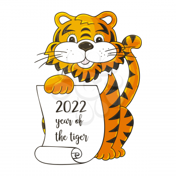 Symbol of 2022. Vector illustration with tiger in hand draw style. New Year. The tiger sits and holds a scroll. Cartoon animal