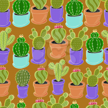 Tropical wallpaper in green colors. Trendy image for design. Seamless pattern of different cacti. Cute vector background