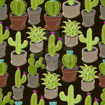 Tropical wallpaper in green colors. Trendy image is ideal for design creativity. Seamless pattern of different cacti. Cute vector background