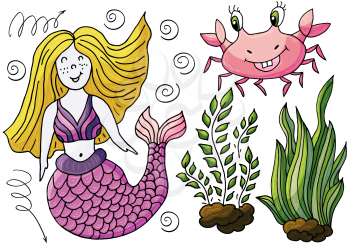 Vector illustration, ocean, underwater world, marine clipart. Set of Cartoon characters for cards, flyers, banners, children's books. Print for t-shirts. Seaweed, crab, mermaid