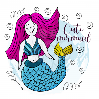 Vector illustration of a fabulous mermaid. Cartoon character for cards, banners, children's books. Seaweed, corals, shells. Cute mermaid