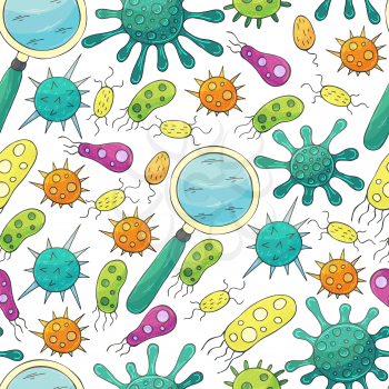 Vector Seamless pattern bacteria and microbes. Search for viruses, magnifier. Cartoon microbes in hand draw style. Coronavirus, viruses, bacteria