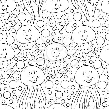 Vector Seamless pattern in hand draw style. Liner illustration. Pattern, background on the marine theme. Jellyfish