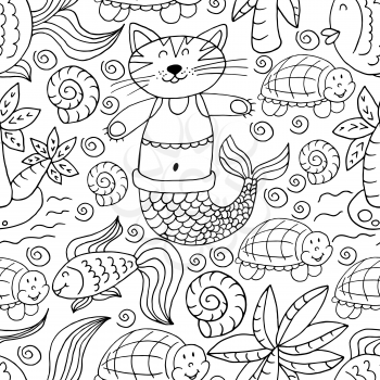 Vector Seamless pattern in hand draw style. Liner illustration. Pattern, background on the marine theme. Mermaid cat, seashells, palms