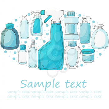 Vector set elements in the shape of an oval. Set of bathroom elements in hand draw style. Collection of cans, packages, tubes. Antiseptic, toothpaste, gel, soap