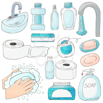 Vector set of design elements. A set of bathroom items in the style of a hand draw. Collection of cans, packages, tubes. Antiseptic, dental floss, toilet paper