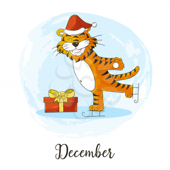 Year 2022 symbol for calendar decoration. December 2022. New Year of the Tiger according to the Chinese or Eastern calendar. Cute vector illustration in hand draw style