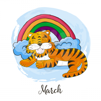 Year 2022 symbol for calendar decoration. March 2022. New Year of the Tiger according to the Chinese or Eastern calendar. Cute vector illustration in hand draw style
