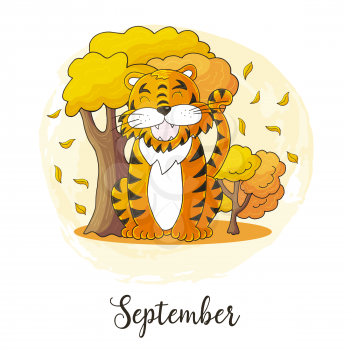 Year 2022 symbol for calendar decoration. September 2022. New Year of the Tiger according to the Chinese or Eastern calendar. Cute vector illustration in hand draw style