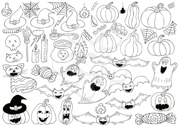Big set of Halloween design elements in hand draw style. Pumpkins, bats, ghosts, cobwebs. Halloween icons, cartoon style. Sign, sticker, Coloring
