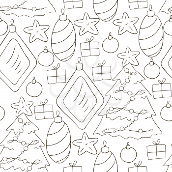 Coloring Seamless vector pattern with stars, Christmas tree decorations. Can be used for fabric, packaging, wrapping paper, textile and etc
