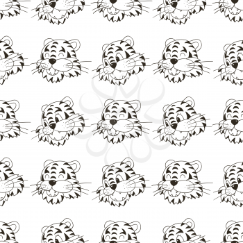 Coloring Seamless vector pattern with tigers faces. Pattern in hand draw style. New Year's holidays 2022. Year of the tiger. Can be used for fabric, wrapping and etc