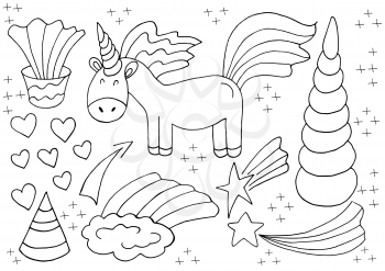 Coloring unicorn design elements in hand draw style. Girly fairy collection. Unicorn, horn, rainbow, heart. Unicorn icons, cartoon style. Sign, sticker