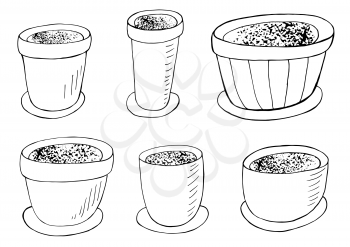 Coloring vector illustration. Set of cartoon flower pots. Illustration elements for your design
