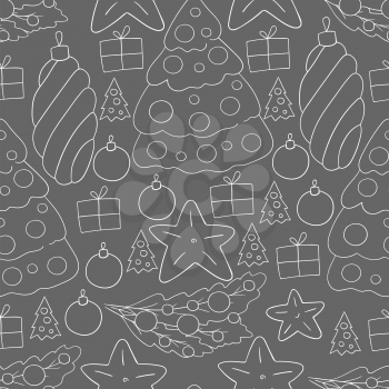 Grey. Seamless vector pattern with stars, Christmas tree decorations. Pattern in hand draw style. Can be used for fabric, packaging and etc