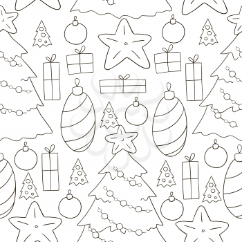 New Year's Coloring. Seamless vector pattern with stars, Christmas tree decorations. Can be used for fabric, packaging, wrapping paper, textile and etc