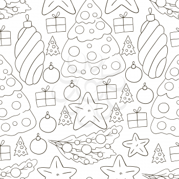 New Year's Coloring. Seamless vector pattern with stars, Christmas tree decorations. Pattern in hand draw style. Can be used for fabric, packaging and etc