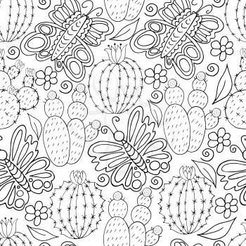 Seamless botanical illustration. Tropical pattern of different cacti, aloe, exotic animals. Butterflies, monochrome flowers, leaves