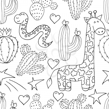 Seamless botanical illustration. Tropical pattern of different cacti, aloe, exotic animals. Giraffe, snake, stars monochrome hearts
