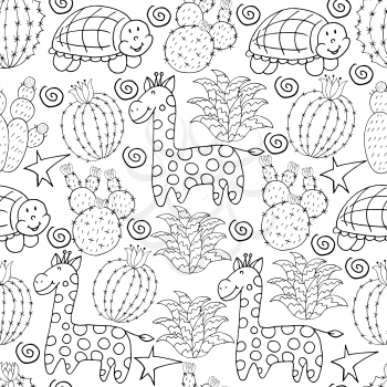 Seamless botanical illustration. Tropical pattern of different cacti, aloe, exotic animals. Giraffe, turtle, monochrome flowers