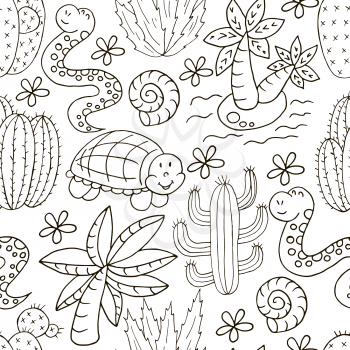 Seamless botanical illustration. Tropical pattern of different cacti, exotic animals. Turtle, snake, palm tree, shells, monochrome flowers