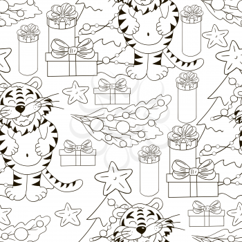 Seamless vector pattern for year of the tiger 2022. Pattern in hand draw style. Tiger, Christmas tree, gifts, Coloring decorations