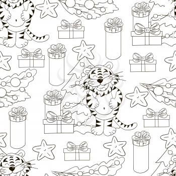 Seamless vector pattern for year of the tiger 2022. Pattern. Tiger, Christmas tree, gifts, Christmas tree decorations. Can be used for Coloring and etc