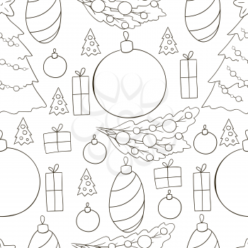 Seamless vector pattern with Christmas tree decorations, gifts. New Year's Coloring. Can be used for fabric, packaging, wrapping paper, textile and etc