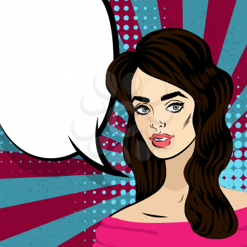 Beautiful brunette girl with open mouth in style pop art speak. Comic book halftone background. Retro texture backdrop. Vector vintage dot back. Empty blank speech bubble. Comic text balloon box.