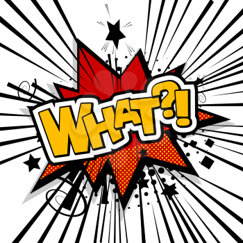 Lettering what, whassup, question. Cartoon exclusive font label tag expression. Sounds vector illustration. Comics book balloon. Comic text sound effects. Bubble icon speech phrase.