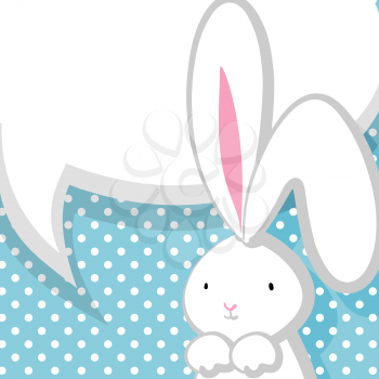 Blue halftone background. White cute rabbit with big ears pink nose, congratulates Easter, Birthday or other holiday. Vector festive hand drawn illustration. Comic bubble, empty balloon.