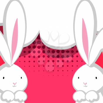 Vector festive hand drawn illustration. Two white cute rabbit with big ears pink nose, congratulates Easter, Birthday or other holiday. Comic bubble, empty balloon. Red halftone background.
