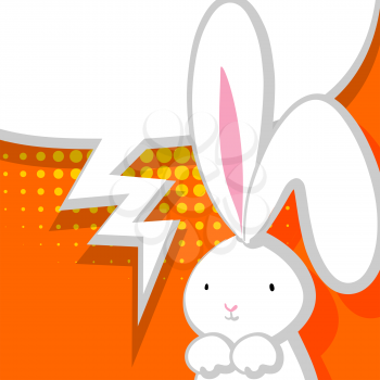 Comic bubble, empty balloon. White cute rabbit with big ears pink nose, congratulates Easter, Birthday or other holiday. Vector festive hand drawn illustration. Orange halftone background.