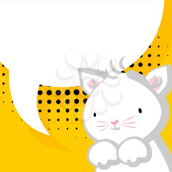 Comic bubble, empty balloon. Yellow halftone background. White cute little kitty pink nose for baby. Vector festive hand drawn cat illustration.