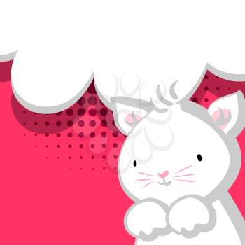 White cute little kitty pink nose for baby. Vector festive hand drawn cat illustration. Comic bubble, empty balloon. Red halftone background.