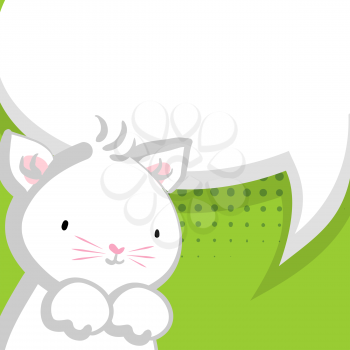Vector festive hand drawn cat illustration.White cute little kitty pink nose for baby. Comic bubble, empty balloon. Green halftone background.