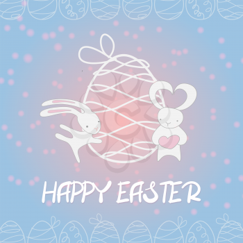 Greeting card in pastel colors, boy and girl white little baby Easter rabbit dancing and give pink heart. Funny bunny fall in love near Easter egg. Vector illustration, cartoon hand drawn character.
