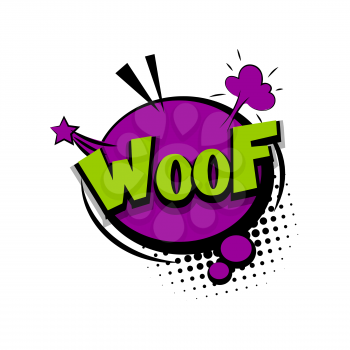 Lettering woof dog. Comics book halftone balloon. Bubble icon speech phrase. Cartoon exclusive font label tag expression. Comic text sound effects dot back. Sounds vector illustration.