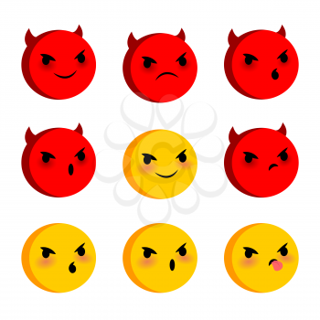 Emotional angry evil devil faces smiles set. Vector illustration smile icon. Face emoji yellow icon. Smile cute funny emotion face on transparent background. Negative feelings, expression 
