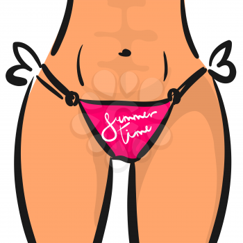 Summer Time lettering poster card. Slim sexy comic cartoon woman in bathing suit panties from front sports figure. Vector illustration.
