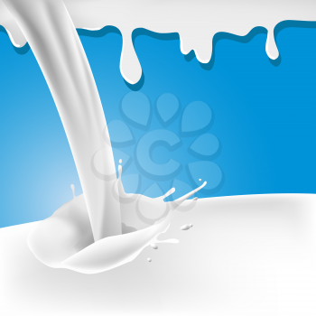 Realistic white milk splash. Blot on blue background. Package design of dairy products. Flavored milk label template. Vector Illustration.