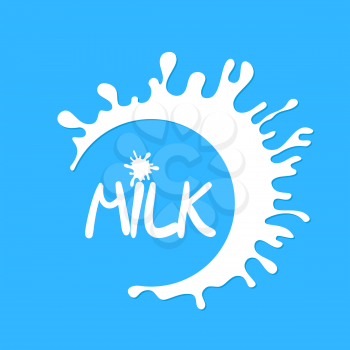 Package design of dairy products. Realistic white milk splash 3D. Blot on blue background. Flavored milk label template. Vector Illustration.