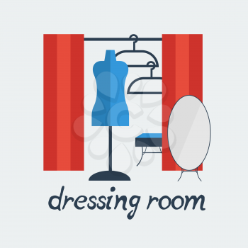 dressing room Studio background interior colorful design with furniture: fitting, hanger, mannequin, ottoman, mirror. Vector flat style illustration.